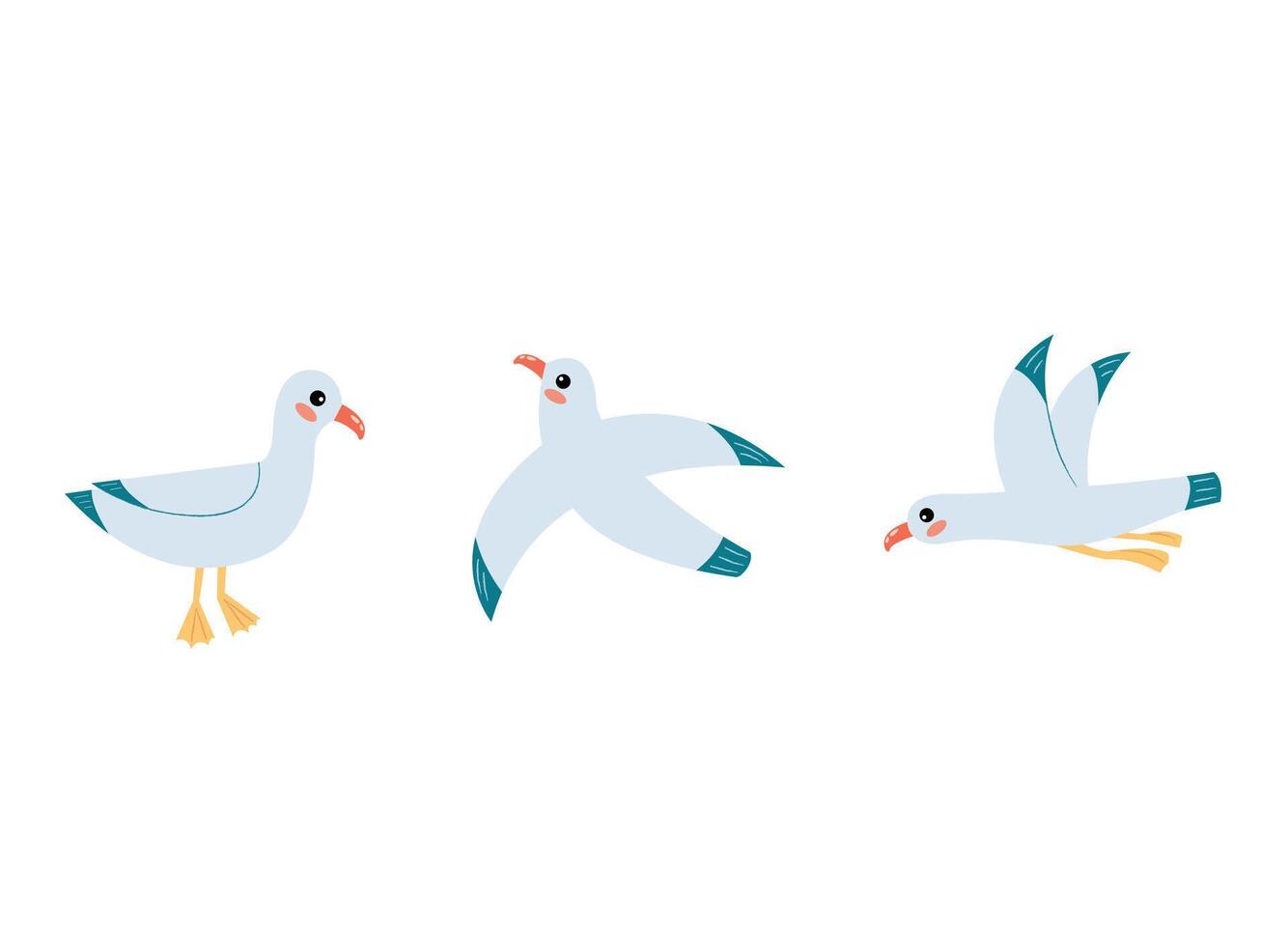 Set of Three Seagull Illustrations. Flying and Standing on a Lamppost vector