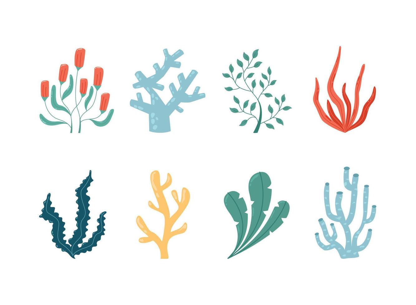 Set of Sea and Ocean Seaweed Illustrations. Stylized Art in Bright Modern Colors vector