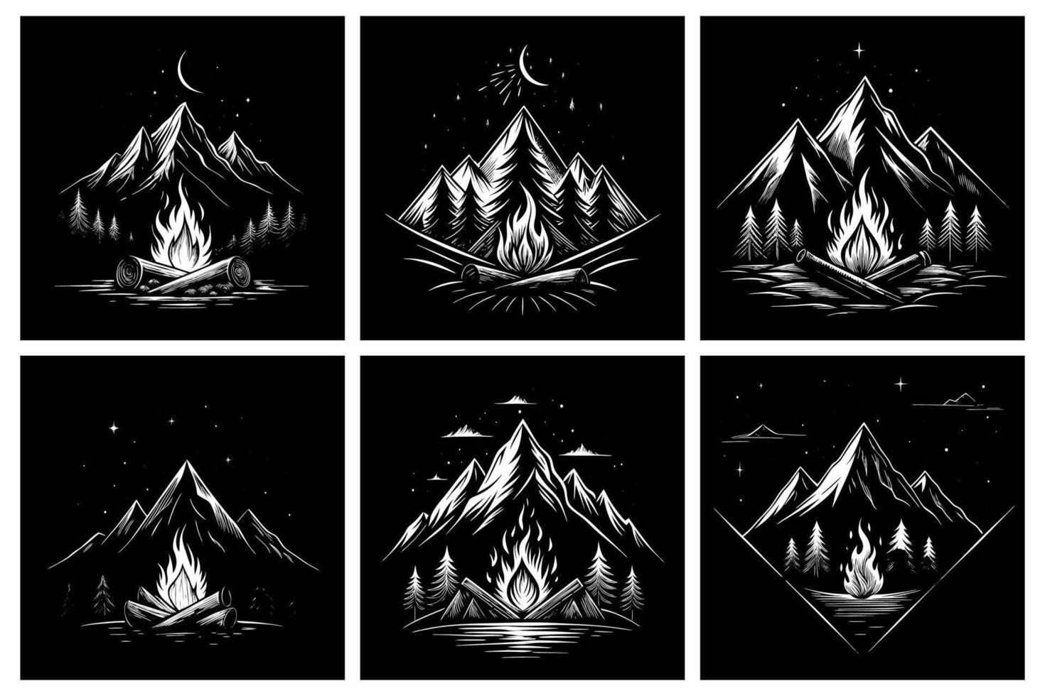 Creative Monochrome Logo Templates with Fire, Mountains, and Forest on Black Background vector
