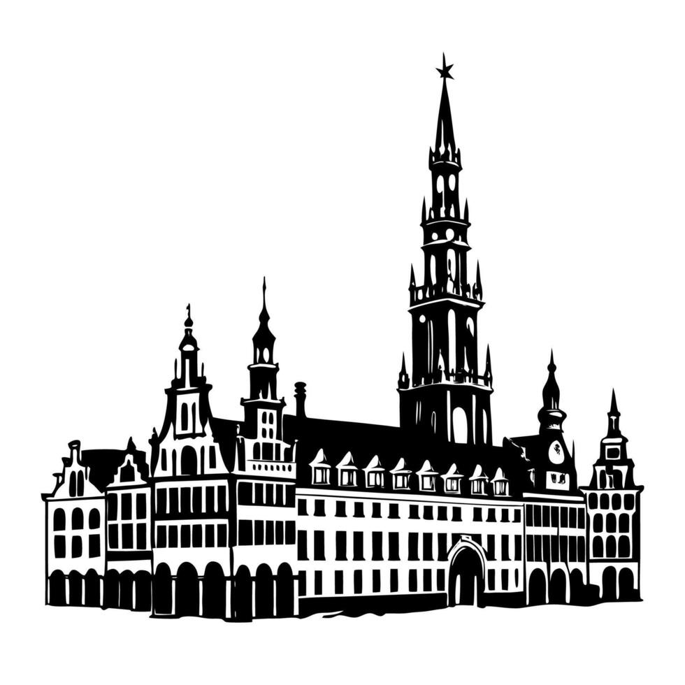 A striking black and white illustration of a grand European castle with tall towers and ornate details under a bright sky vector