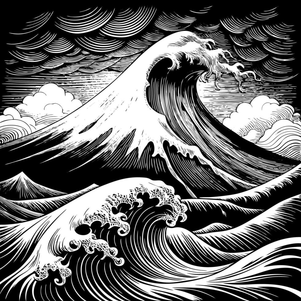 Black and White Illustration of a Large Wave Crashing Against a Mountain vector