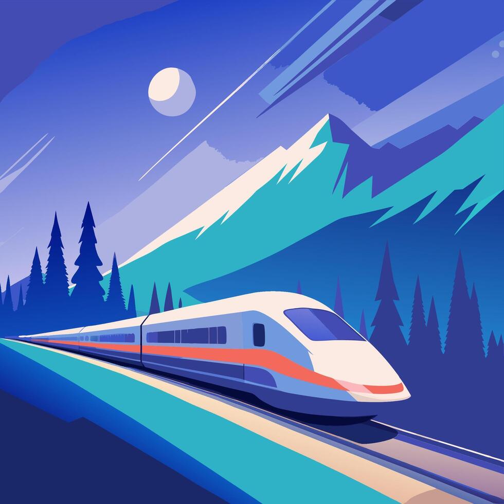 Sleek Modern Train Gliding Through Serene Mountain Landscape Under the Moon vector