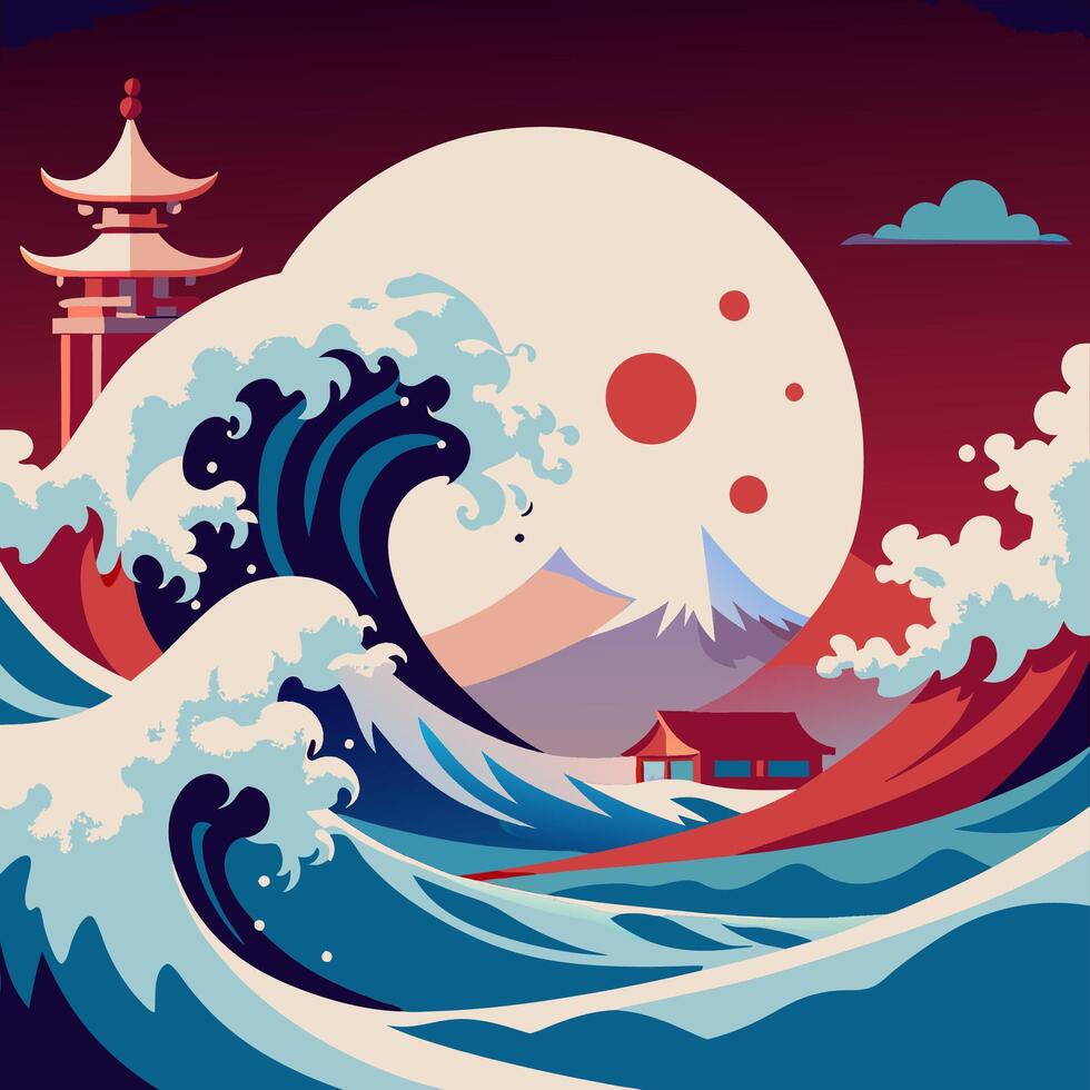 Traditional Asian Temple with Huge Wave and Clouds at Dusk vector