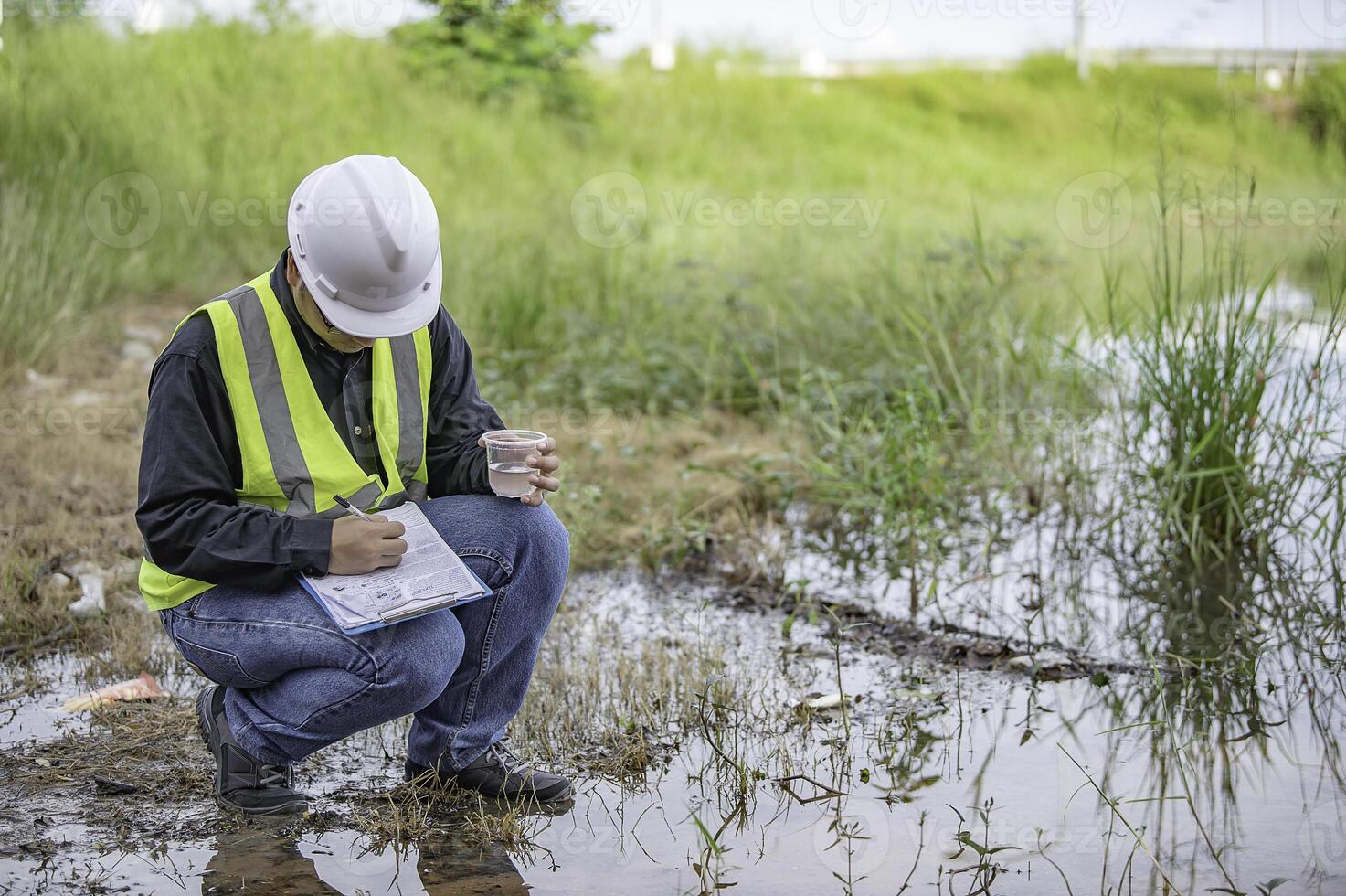 Environmental engineers inspect water quality. photo