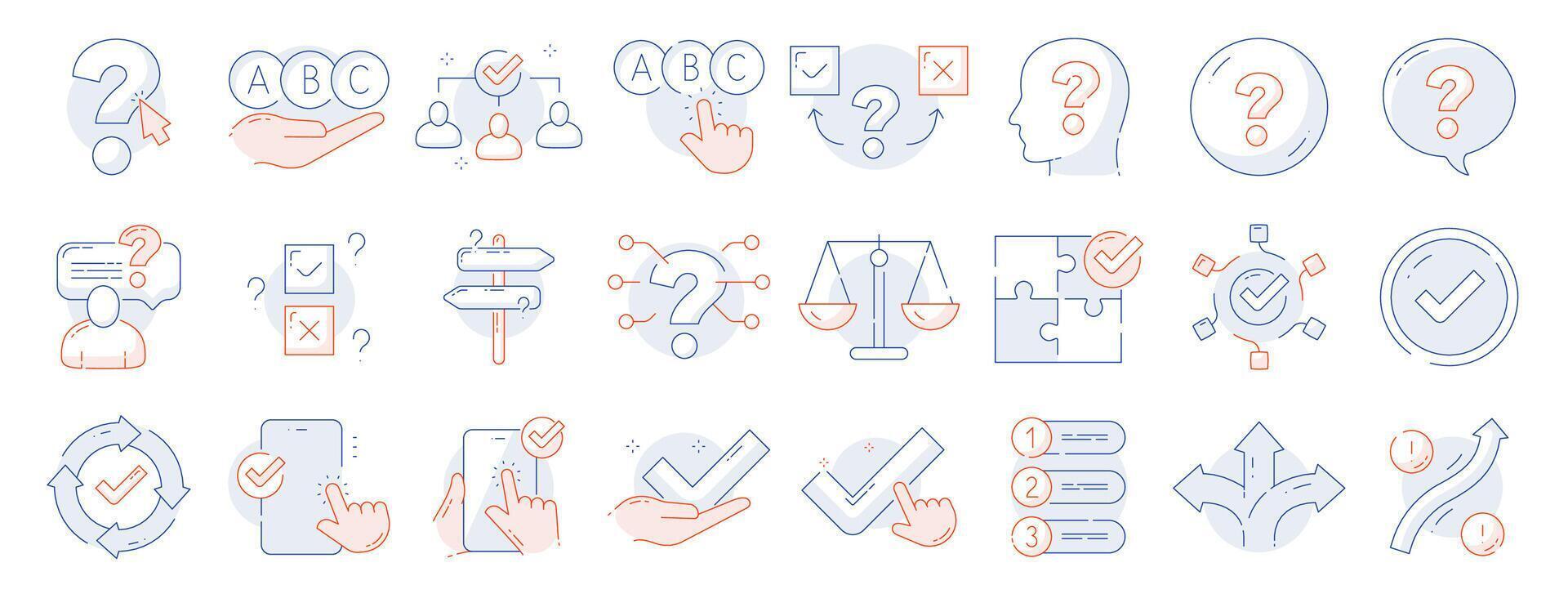 Set of making choice related colored icons. Survey, checklist, feedback, option, accept, arrow, way etc. Editable stroke vector
