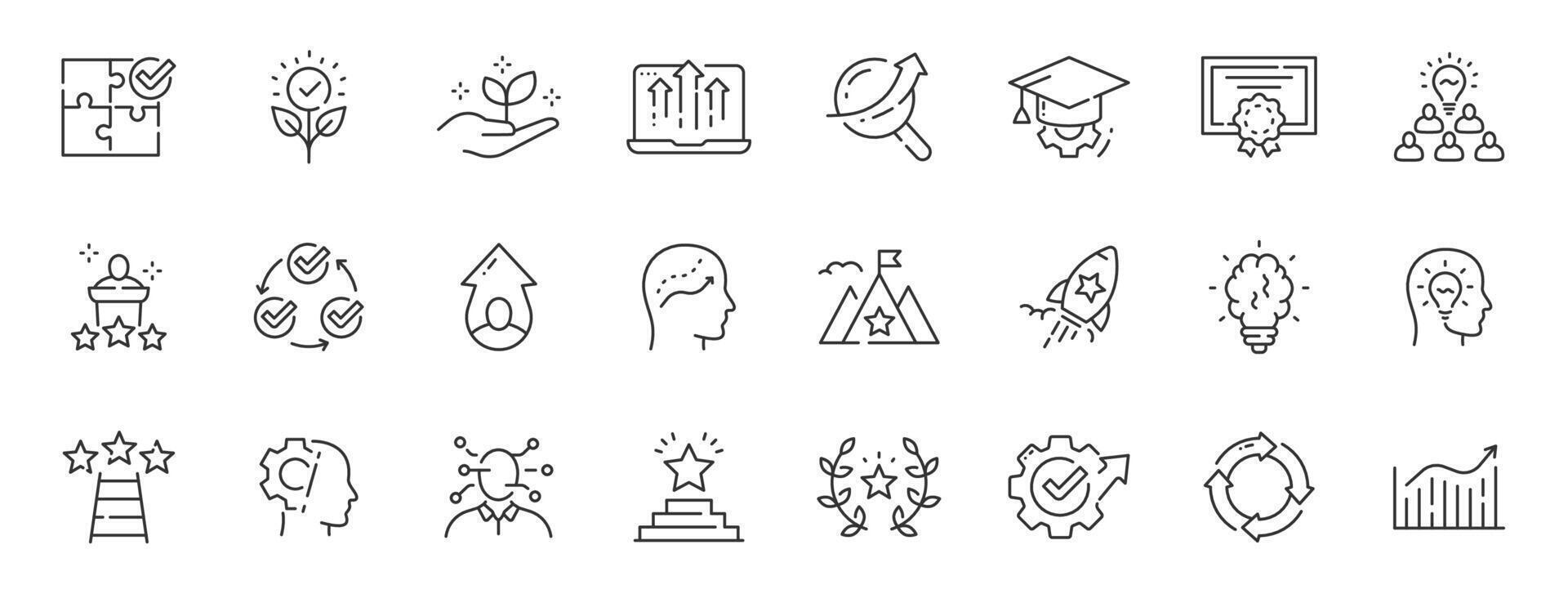 Set of personal growth related line icons. Development, improvement, achievement, upskill etc. Editable stroke. Set 2 vector