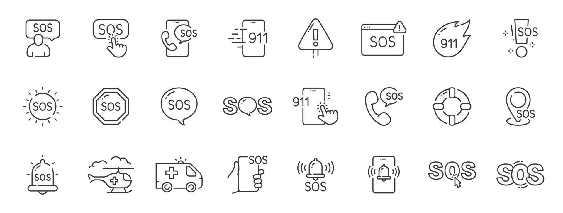 Set of sos related line icons. Emergency, call, alarm, warning etc. Editable stroke. vector