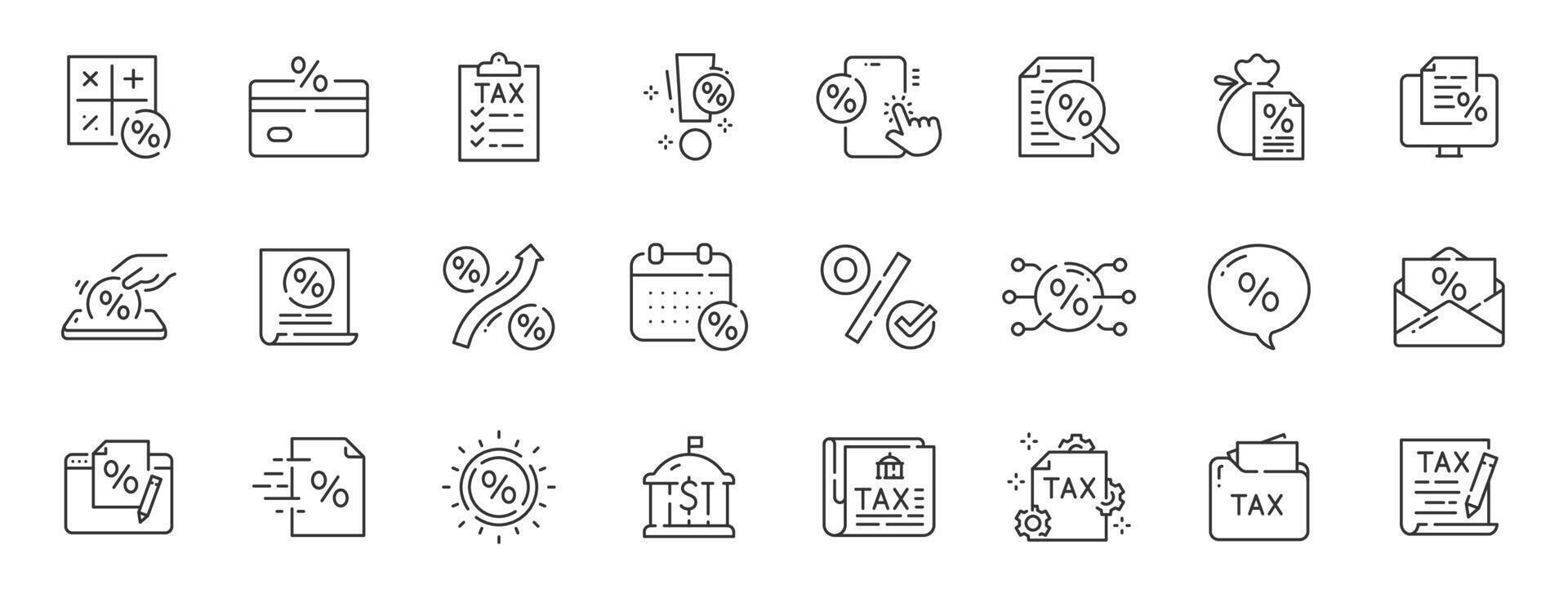 Set of tax related line icons. Payment,, report, fee, percent etc. Editable stroke. vector