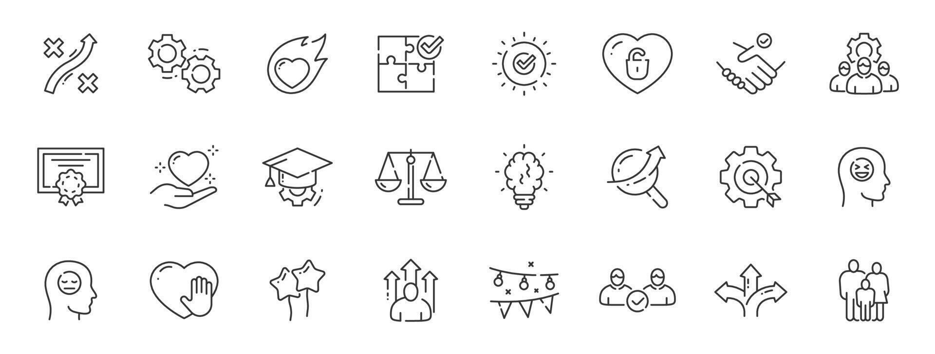 Set of core values related icons. Frendship, improvement, justice, kindness etc. Editable stroke. Set 2 vector