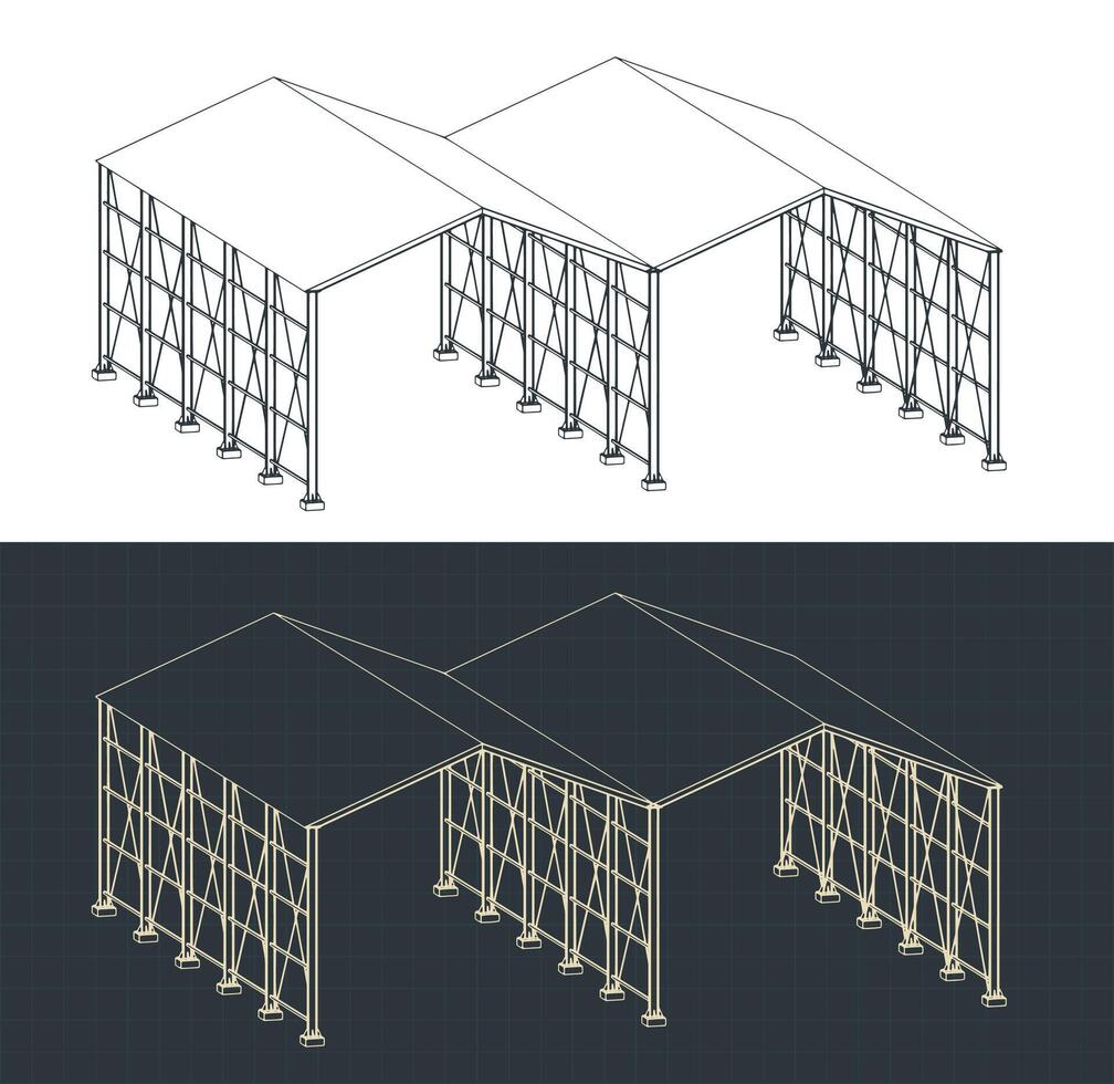 Large industrial shelter isometric drawings vector