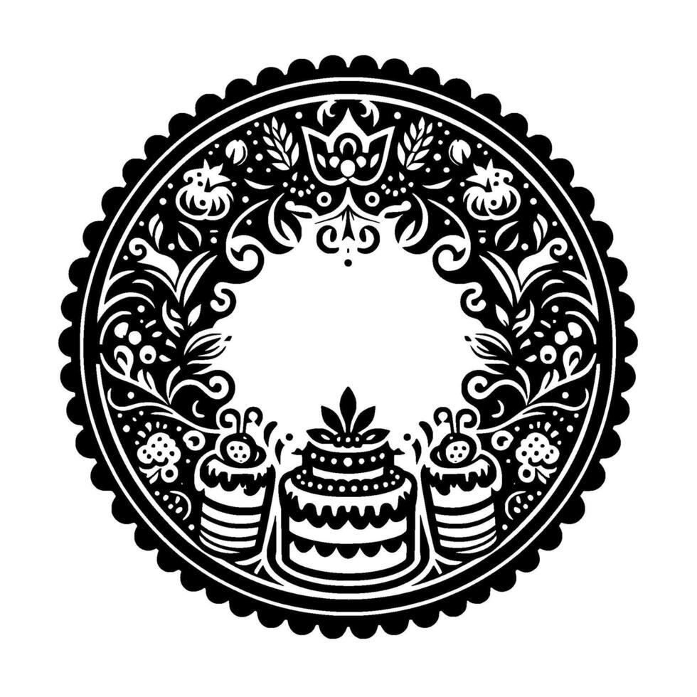 Intricate Black and White Circular Illustration Featuring Cakes and Floral Elements in a Decorative, Ornamental Style. vector