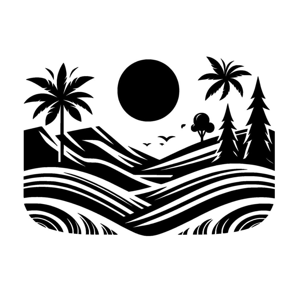 Monochrome Landscape Palm Trees, Rolling Hills, Sun, and Flying Birds in a Stylized Silhouette vector