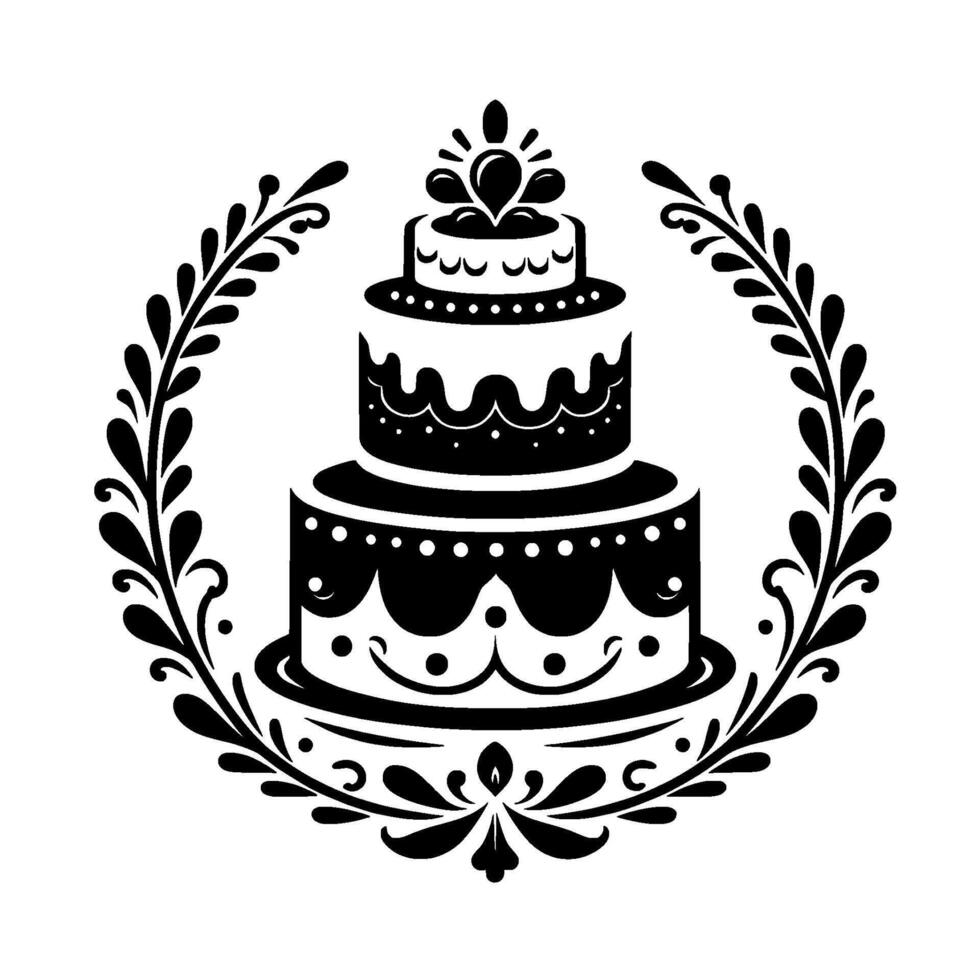 Black and white threetiered cake with ornate frosting details within an elegant laurel wreath design, on a white backdrop. vector