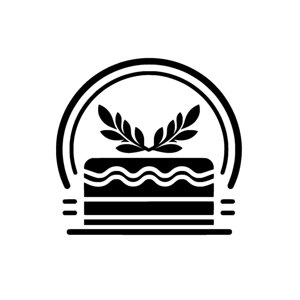 Elegant black and white cake featuring a layered with decorative wave, laurel wreath arched frame on white background. vector