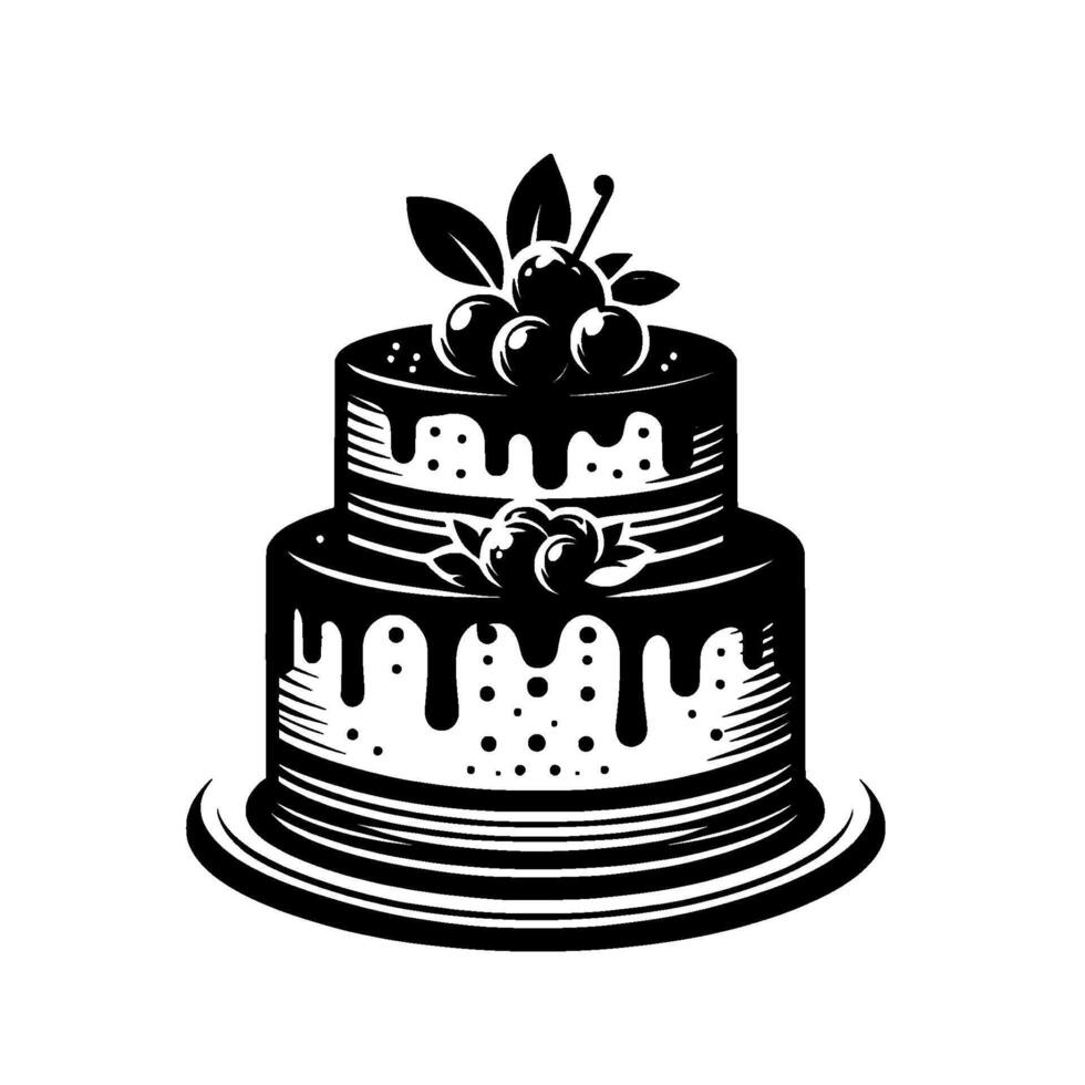 Elegant TwoTier Black and White Cake Decorated with Cherries and Leaves, Classic Design, Isolated on White vector