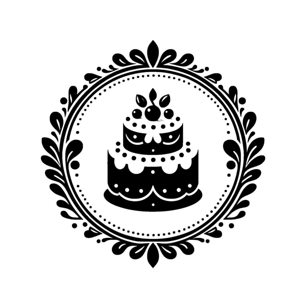 Elegant Black and White Cake Inside Floral Wreath, Perfect for Bakery Logos, Invitations, or Celebrations. vector