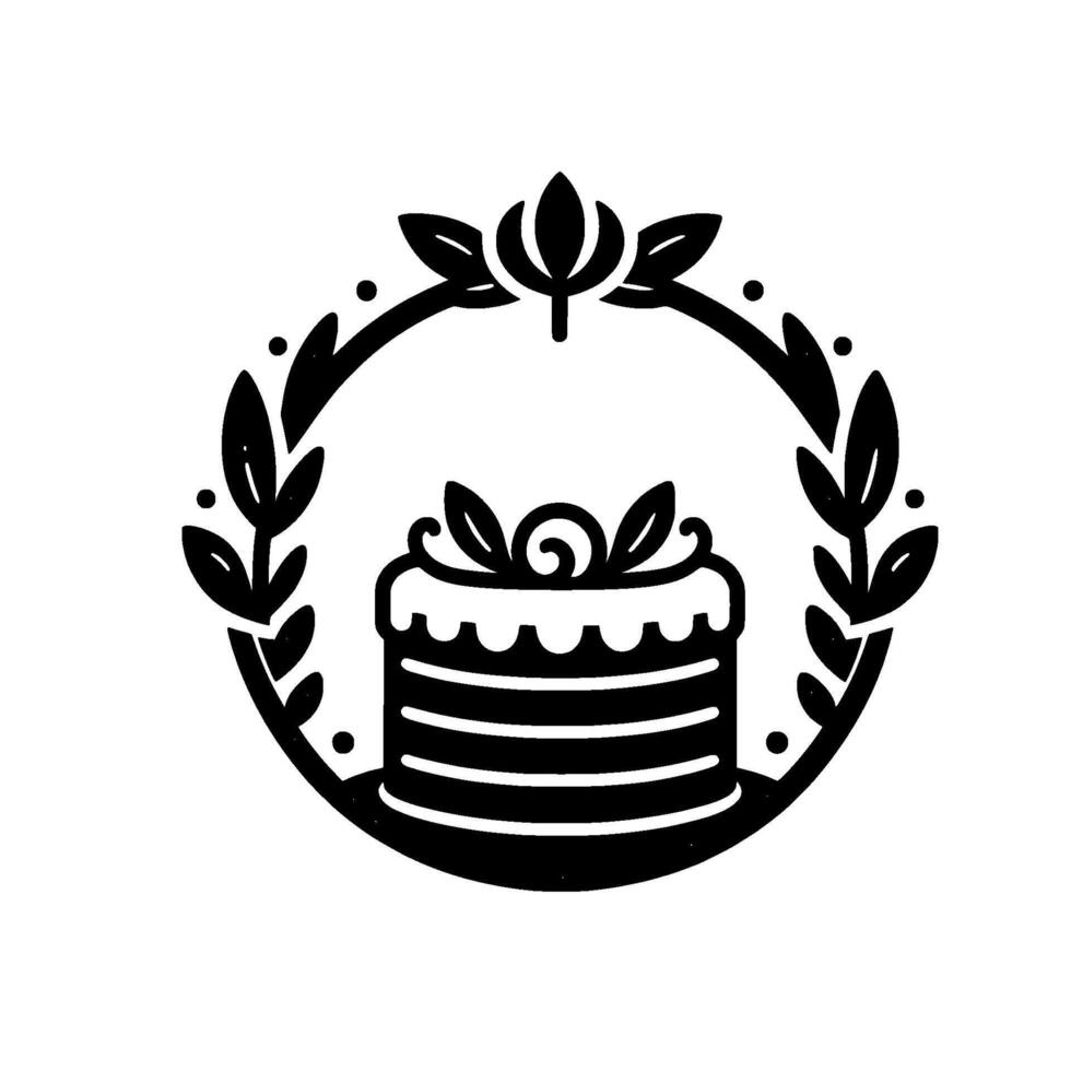 Elegant Black and White Illustration of a Tiered Cake Surrounded by Floral Wreath, Perfect for Bakery Logos. vector