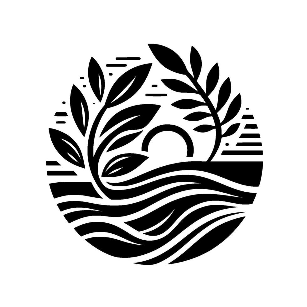 Black and White Minimalist Circular Logo Leaves above Wavy Lines and a SemiCircle. Nature inspired design. vector