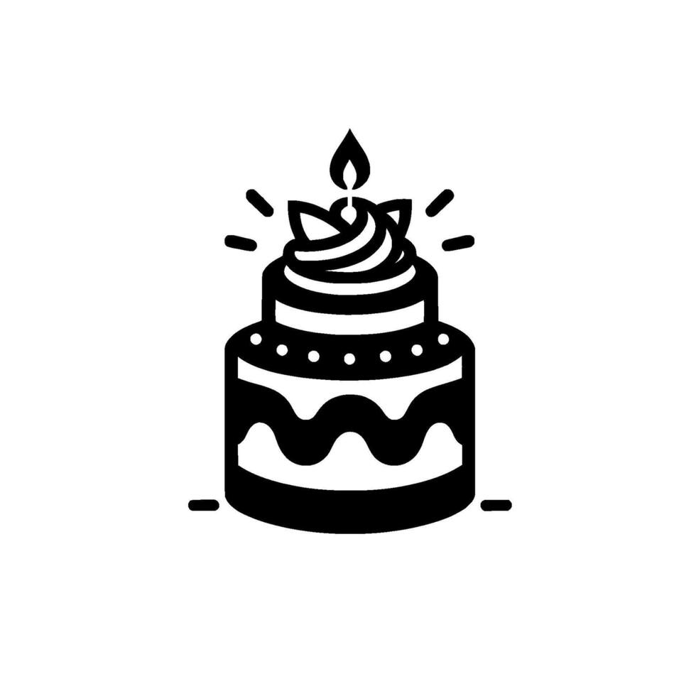 Monochromatic Celebration Cake A TwoTiered Festive Illustration with Lit Candle, Starbursts, and Decorative Frosting on White Background. vector