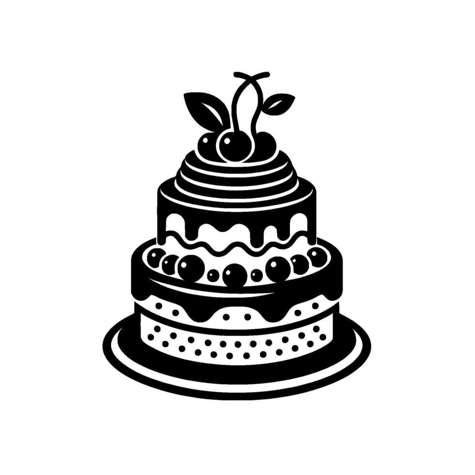 Stylized black and white twotiered cake illustration with cherries and leaves on top, and black dots for decoration. vector
