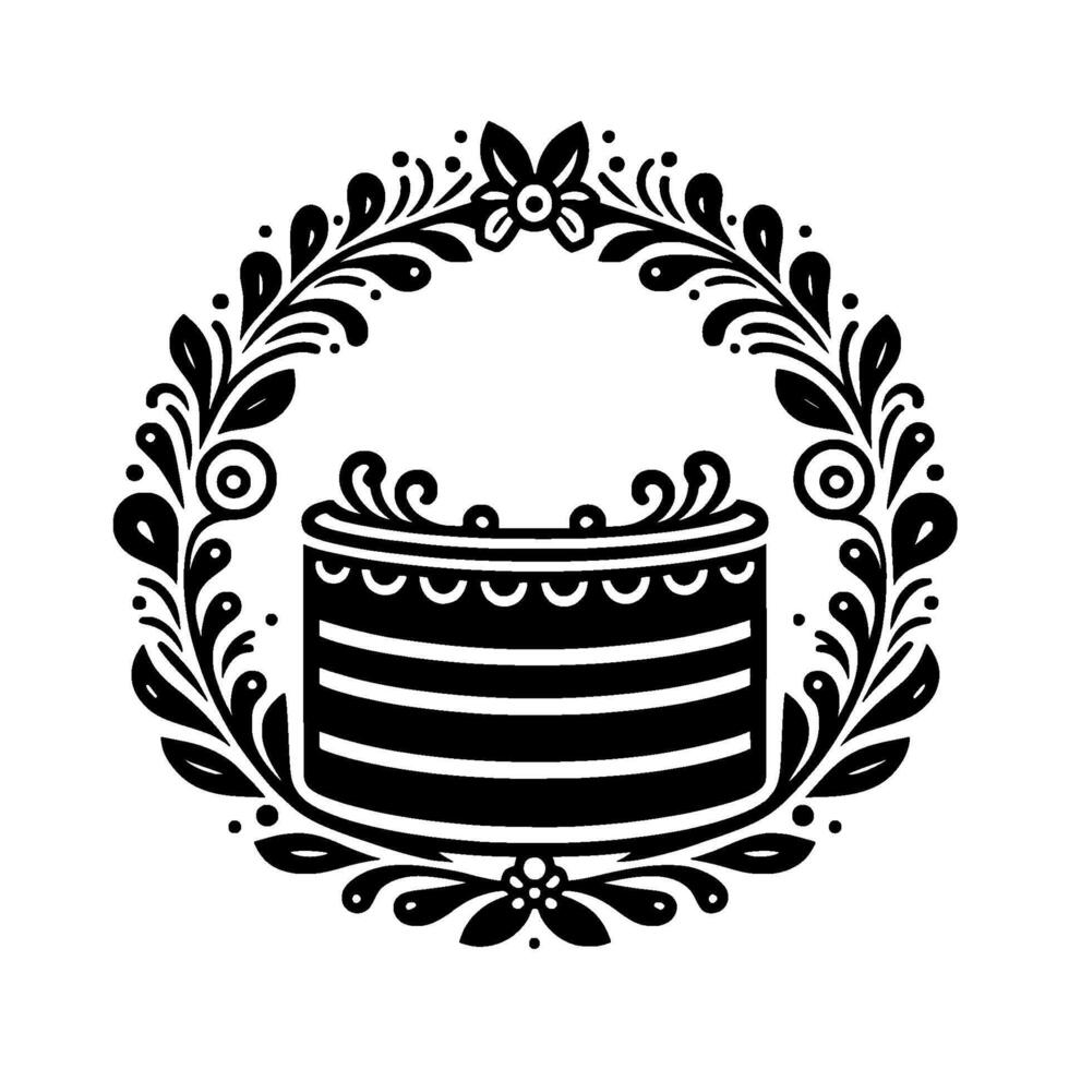 Elegant black and white illustration, a tiered cake encircled by a decorative wreath of leaves, flowers, and floral elements, against a clean white background. vector