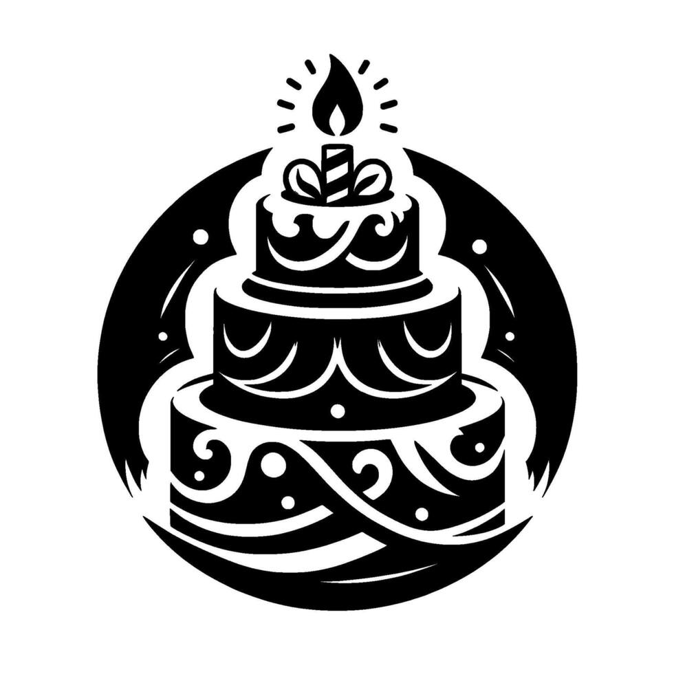 Stylized Black and White ThreeTiered Birthday Cake with Lit Candle, Circular Frame, and Ornate Decorations. vector