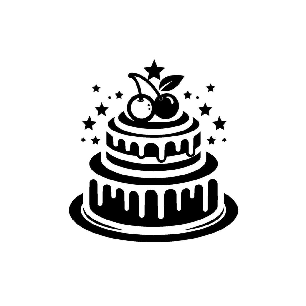 Elegant TwoTiered Cake with Cherry Topping and Star Decorations in a Clean Black and White vector