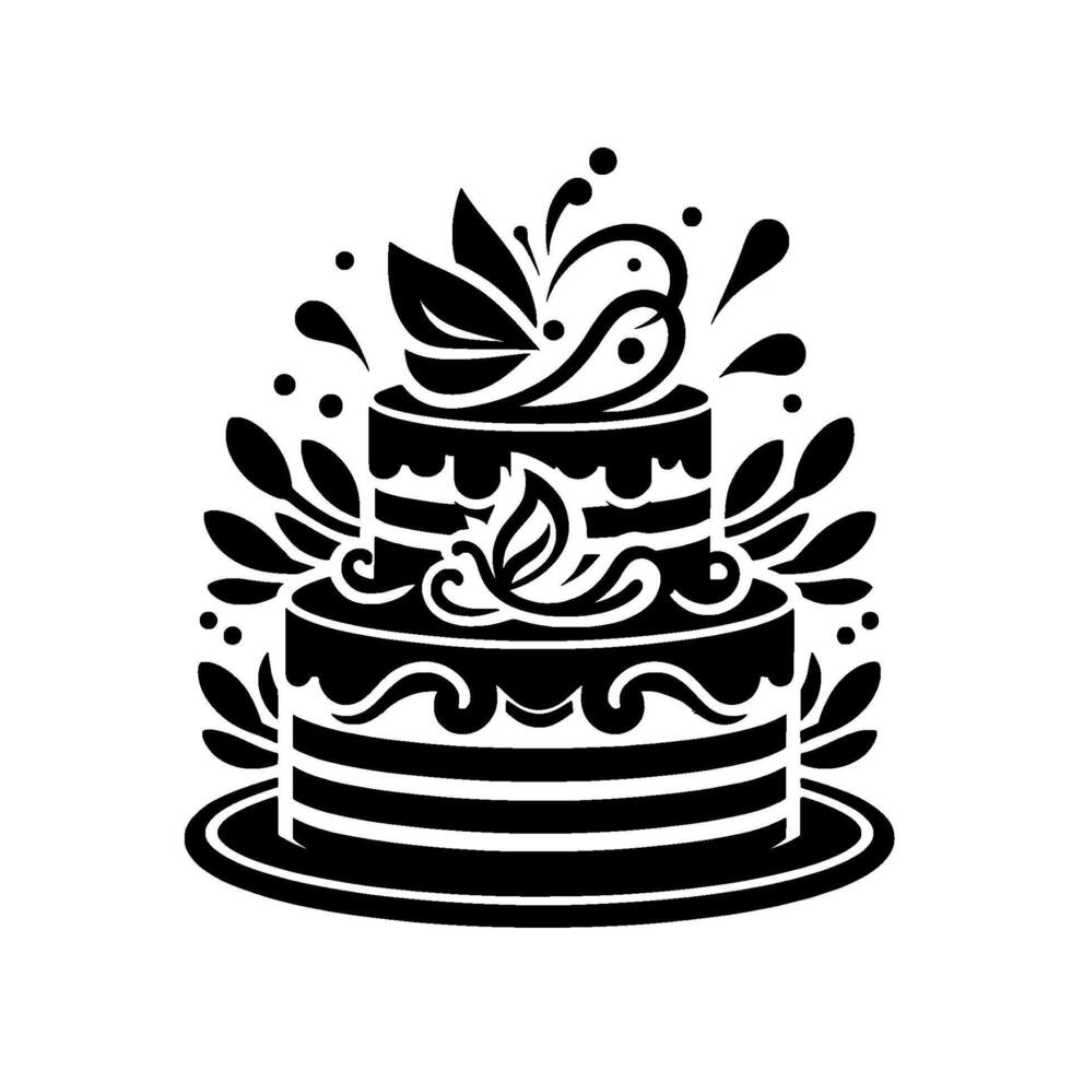 Elegant Black and White Illustration of a TwoTiered Cake with Leaf Accents and Decorative Flourishes on White Background. vector