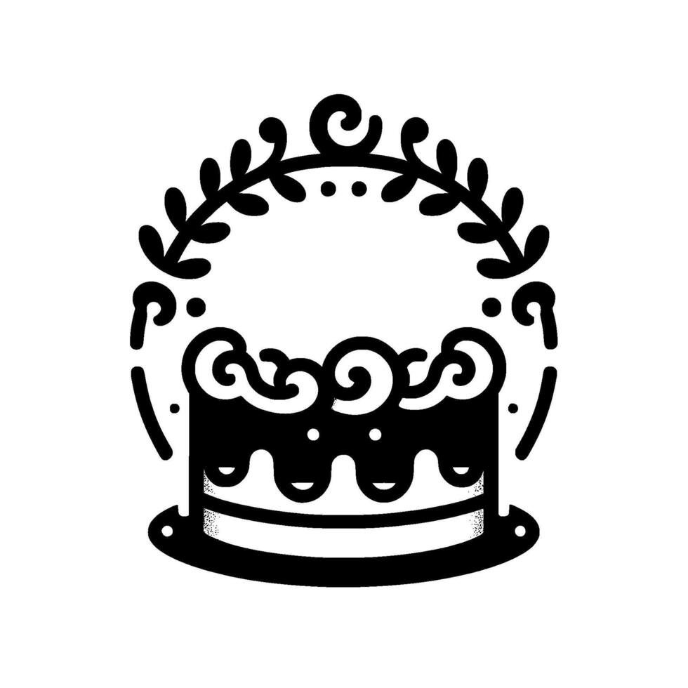 An elegant, minimalist black and white illustration of a tiered cake adorned with a floral wreath, a circular frame on a white background. vector