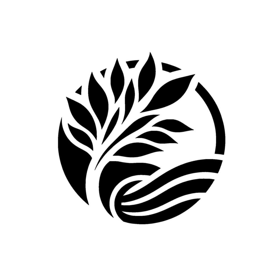 Stylized Black and White Circular of a Tree with Leaves and Flowing Water, Emphasizing Nature and Organic Forms. vector