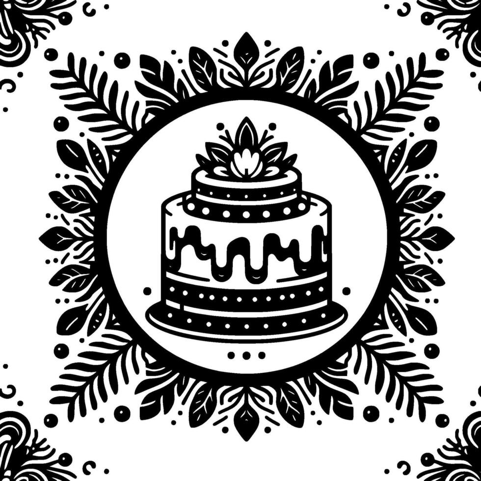 Elegant Black and White Illustration Tiered Cake in Floral Frame, Decorative Border, Celebration Design. vector