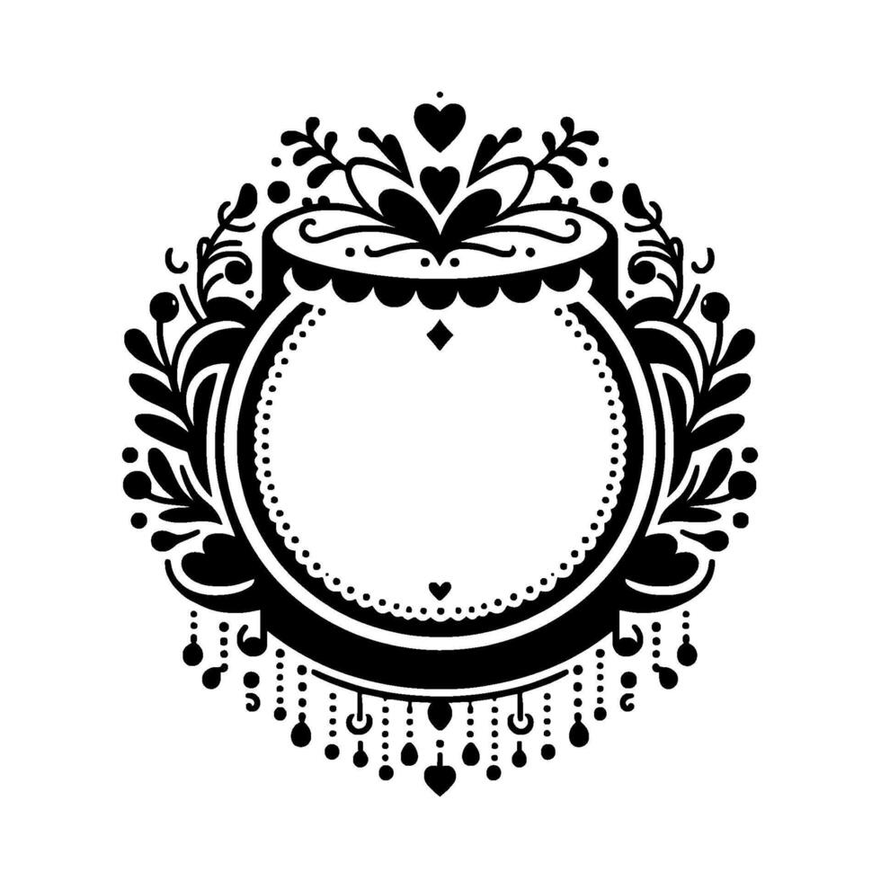 Ornate black and white illustration of a circular floral frame, featuring heart and dot accents, and a decorative rim, perfect for invitations. vector