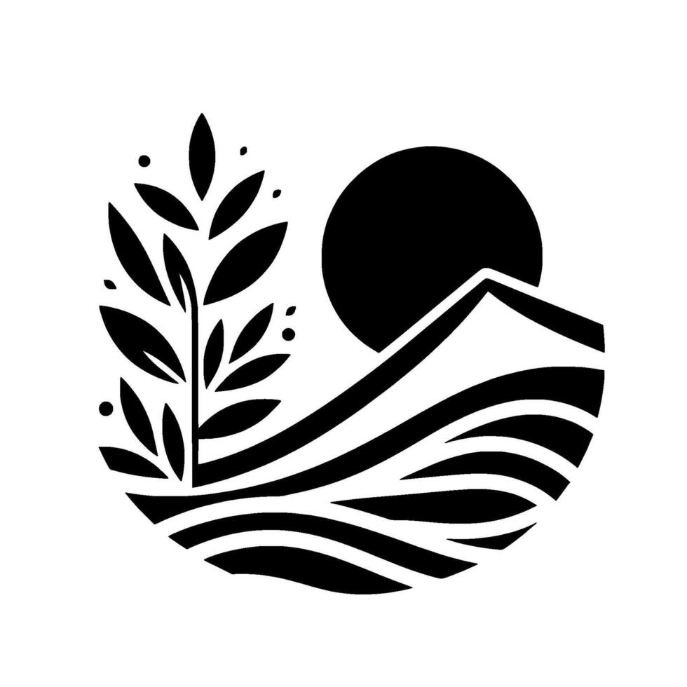 Minimalist black and white depicting a stylized landscape inside a circle, featuring a plant, sun, mountain, and wavy lines. vector