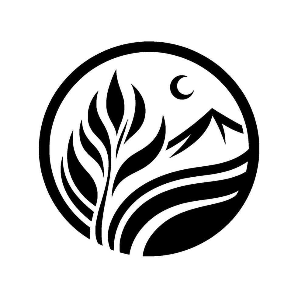 Minimalist black and white circular featuring stylized mountain, plant, and crescent moon, representing nature, growth and serenity. vector