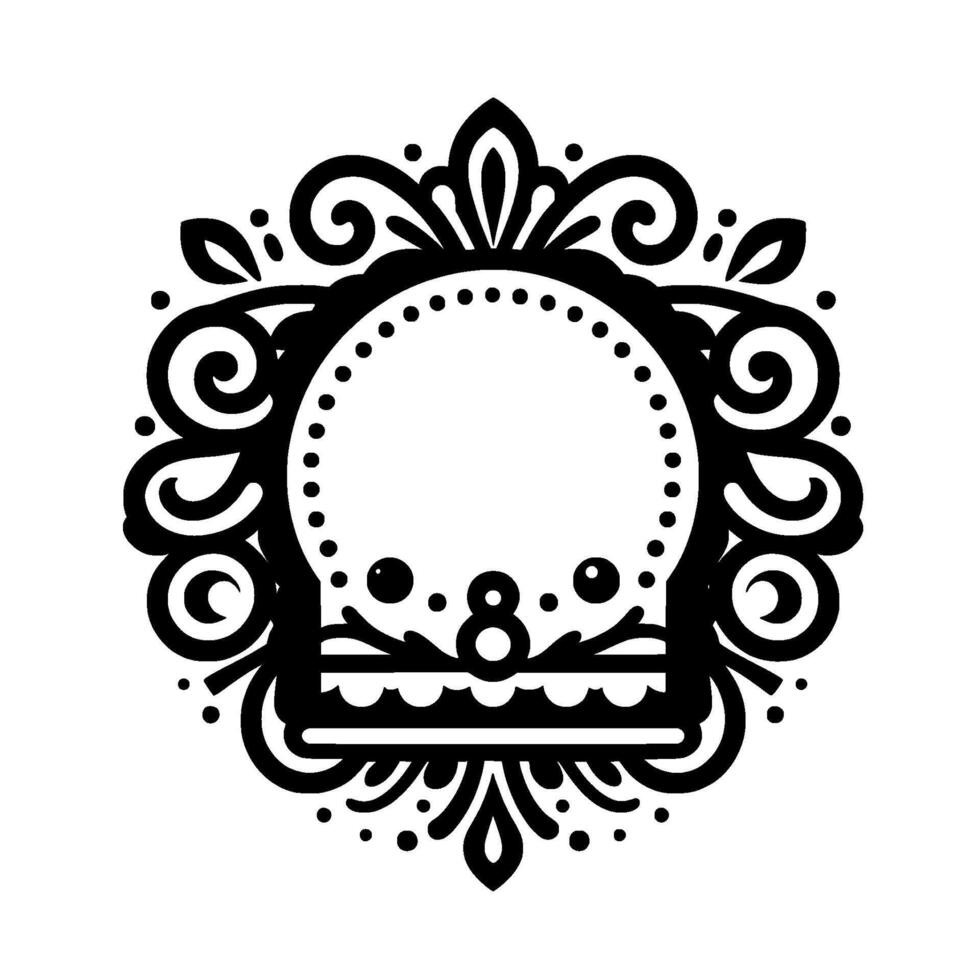 Ornate Black and White Floral Frame with Decorative Elements and Circular Center, Suitable for Crests or Emblems. vector