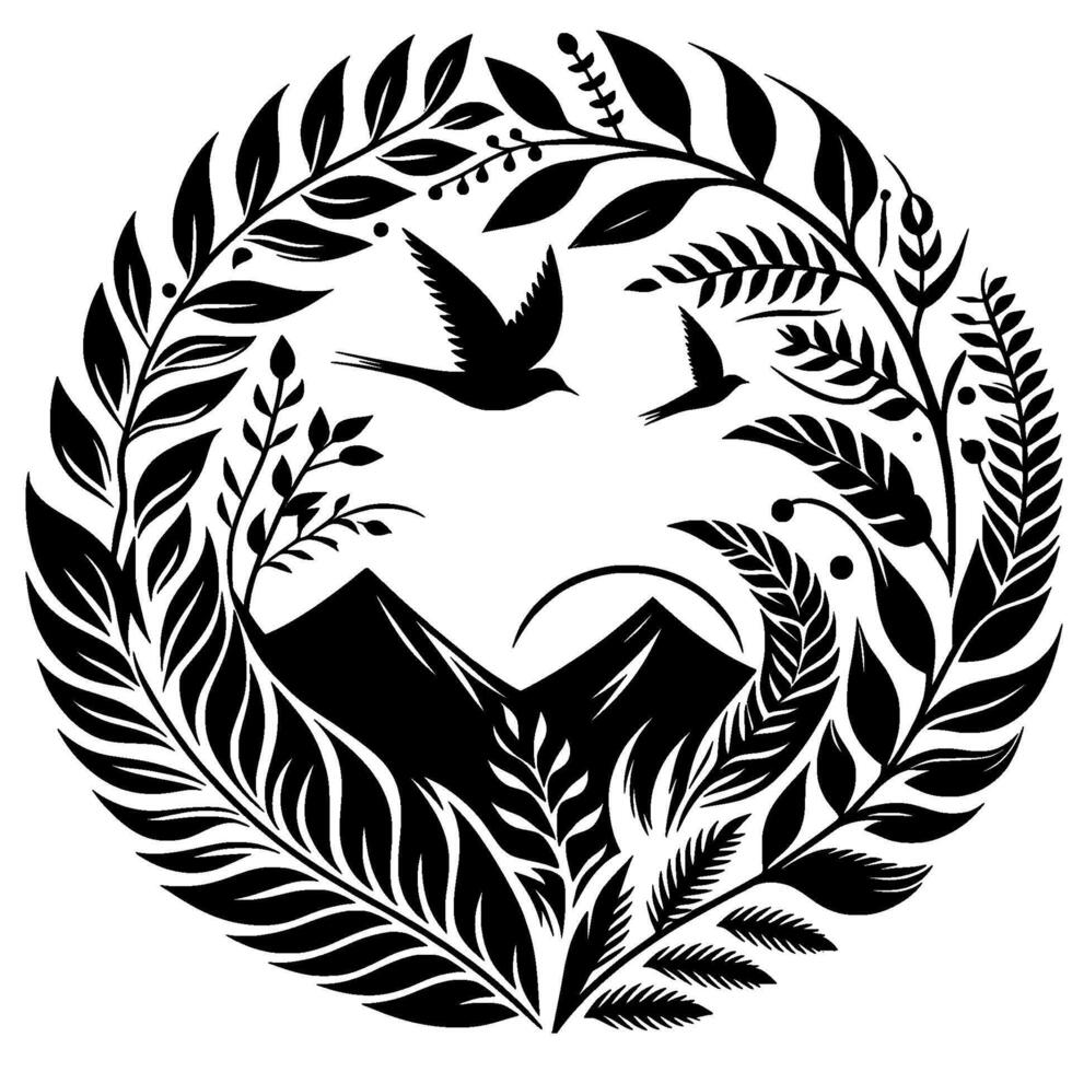 Serene Black and White Circular Composition with Flying Birds, Mountains and Ornamental Foliage. vector