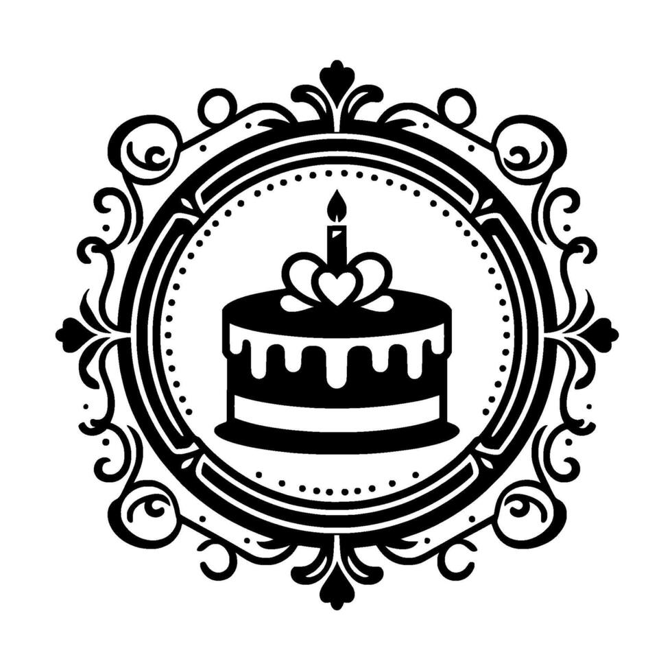 Elegant black and white birthday cake emblem, featuring a tiered cake with a lit candle, set within a decorative ornate circular frame. vector