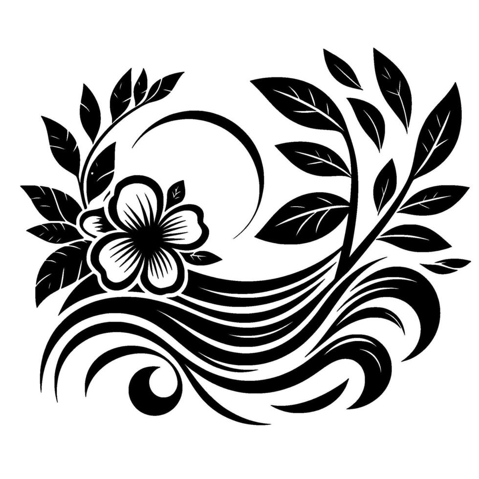 Black and White Floral Illustration featuring a stylized hibiscus flower, leaves, and flowing elements. vector
