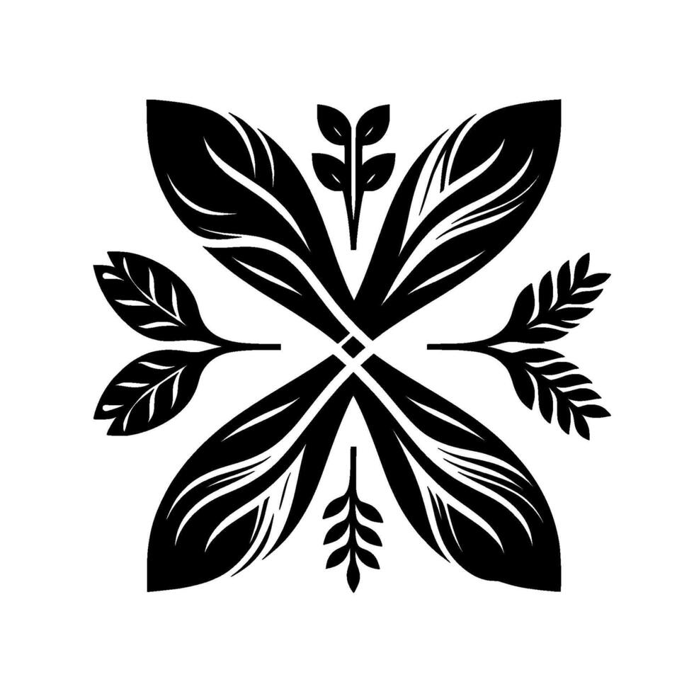 Symmetrical Black White Floral Featuring Intertwined LeafShaped Elements and Accompanying Foliage, Isolated on White. vector