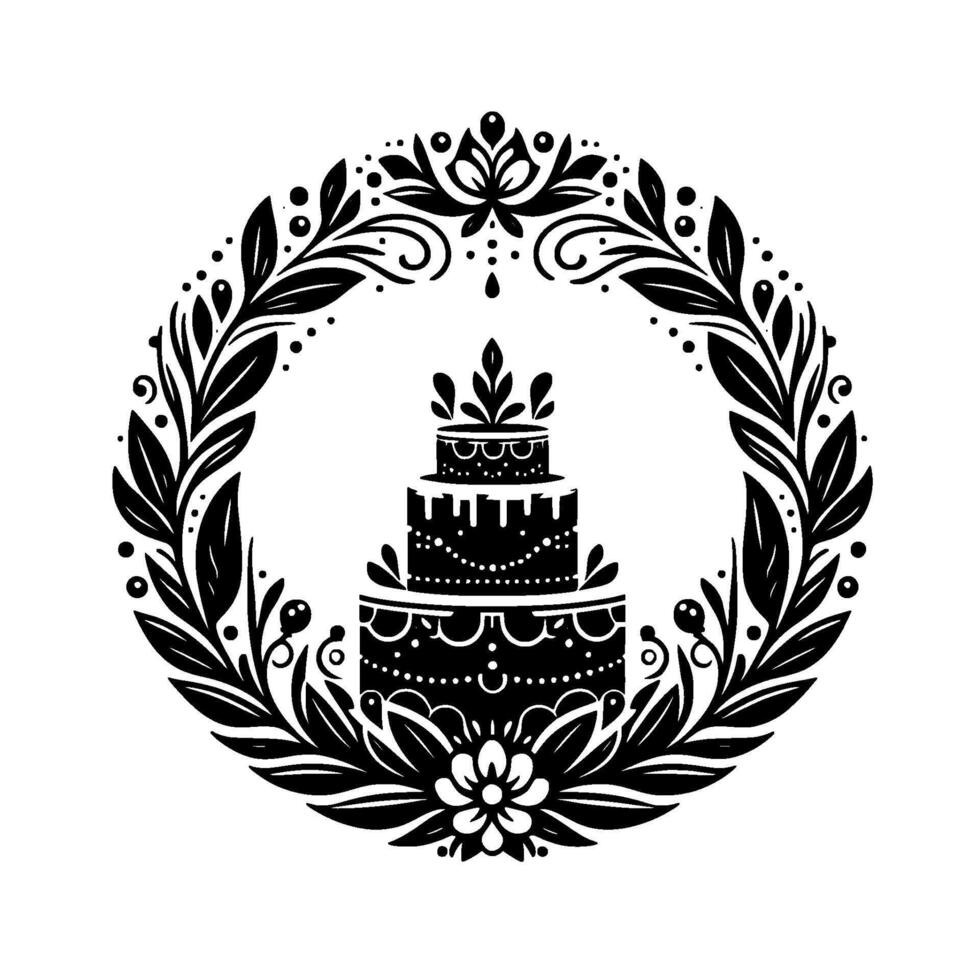 Elegant, Black and White Illustration of a ThreeTiered Cake Surrounded by a Floral Wreath, Symbolizing Celebration. vector