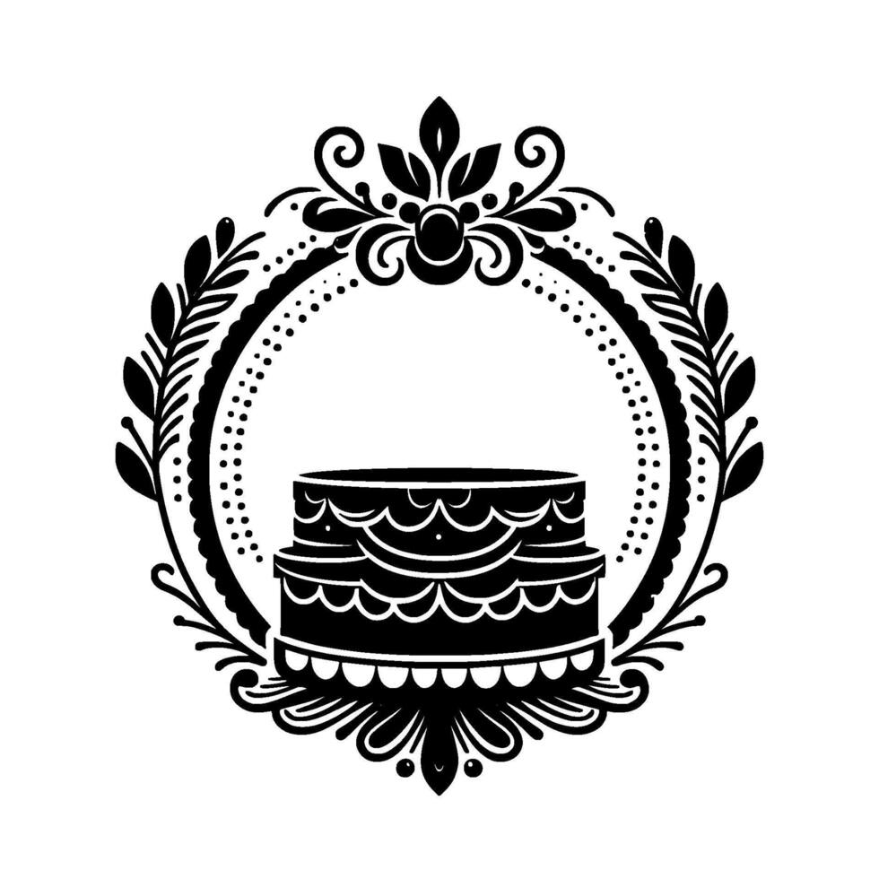 Elegant black and white design A twotiered cake encircled by a decorative, ornate wreath with stylized floral and leaf elements and dot border. vector