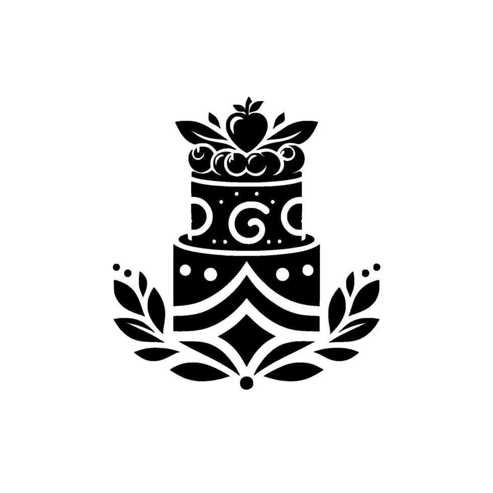 Elegant Black and White of a TwoTiered Cake Adorned with Fruits and Laurel Wreath, Celebrating Festive Occasion vector