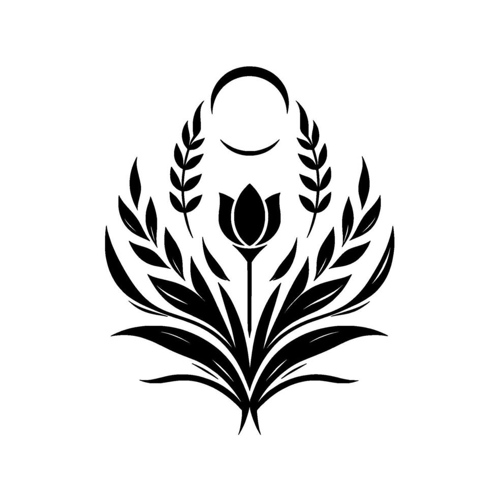 Black and white minimalist floral emblem featuring a stylized tulip, wheat stalks, and crescent moon over leafy base on white background. vector