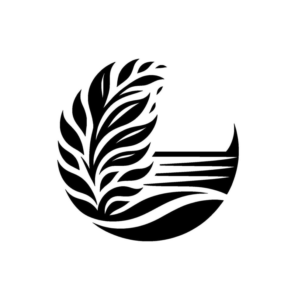 A Minimalist Black and White Featuring a stylized leaf branch within an incomplete circle, suggesting nature or abstract design. vector