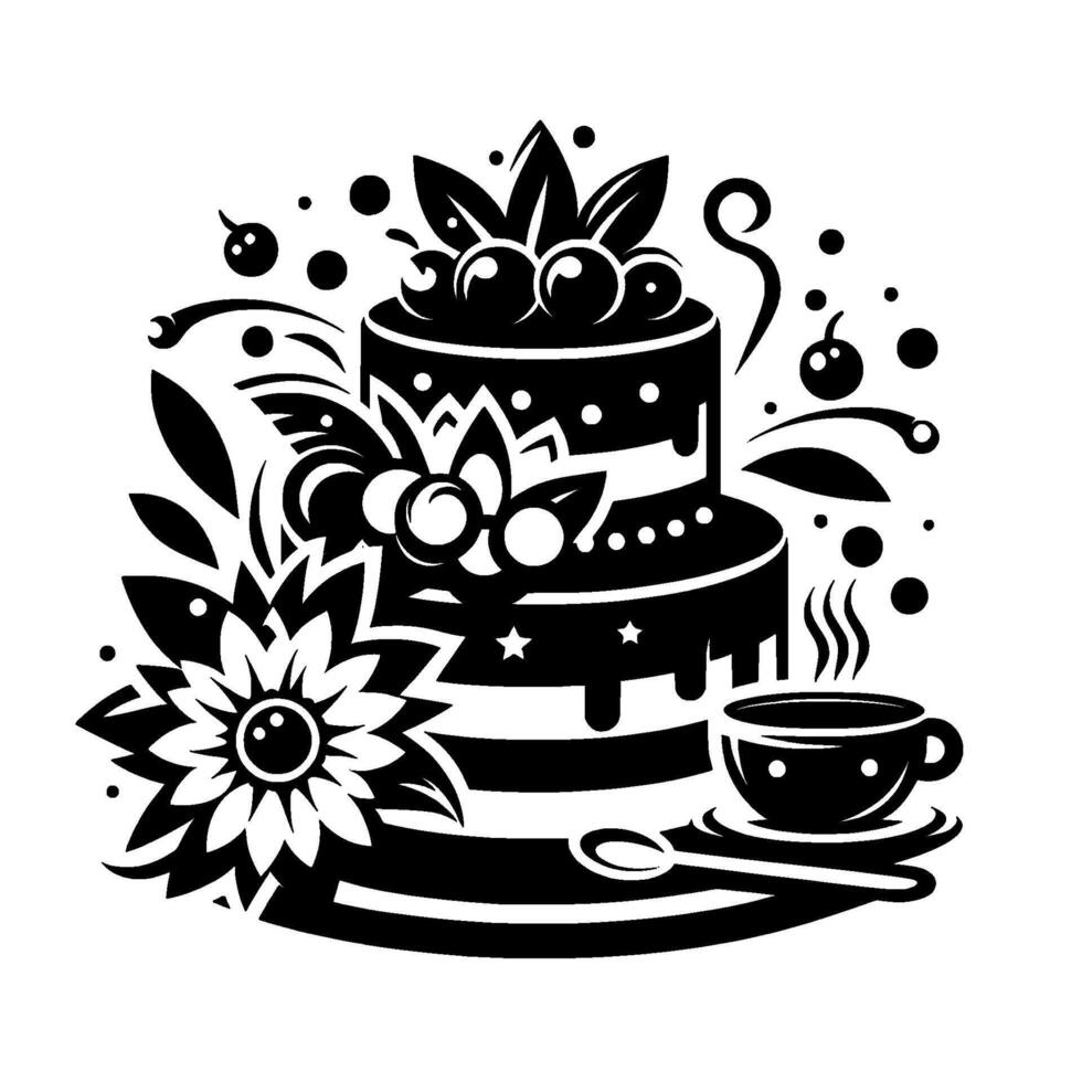 Detailed monochrome illustration featuring a twotiered cake with cherries, a flower, a teacup and saucer, and a spoon, all adorned with decorative elements. vector
