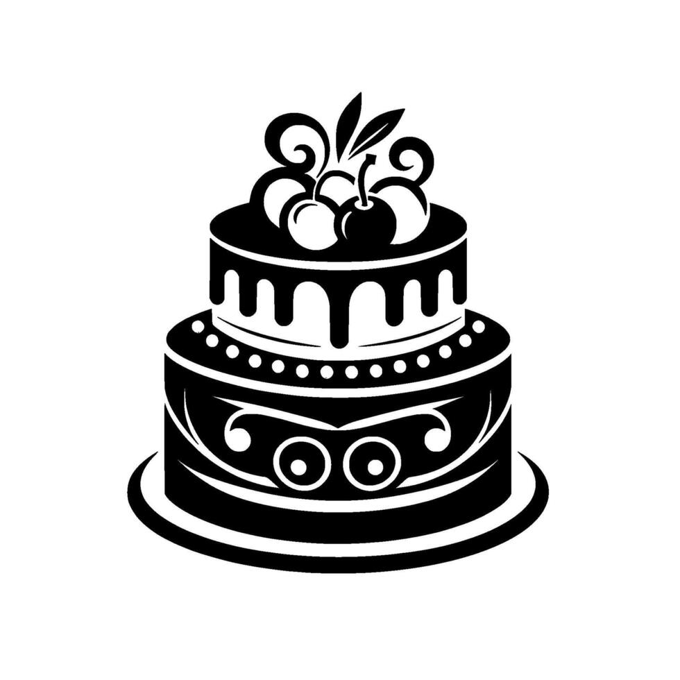 Elegant TwoTiered Black and White Cake with Cherries and Artistic Drip, a Illustration. vector