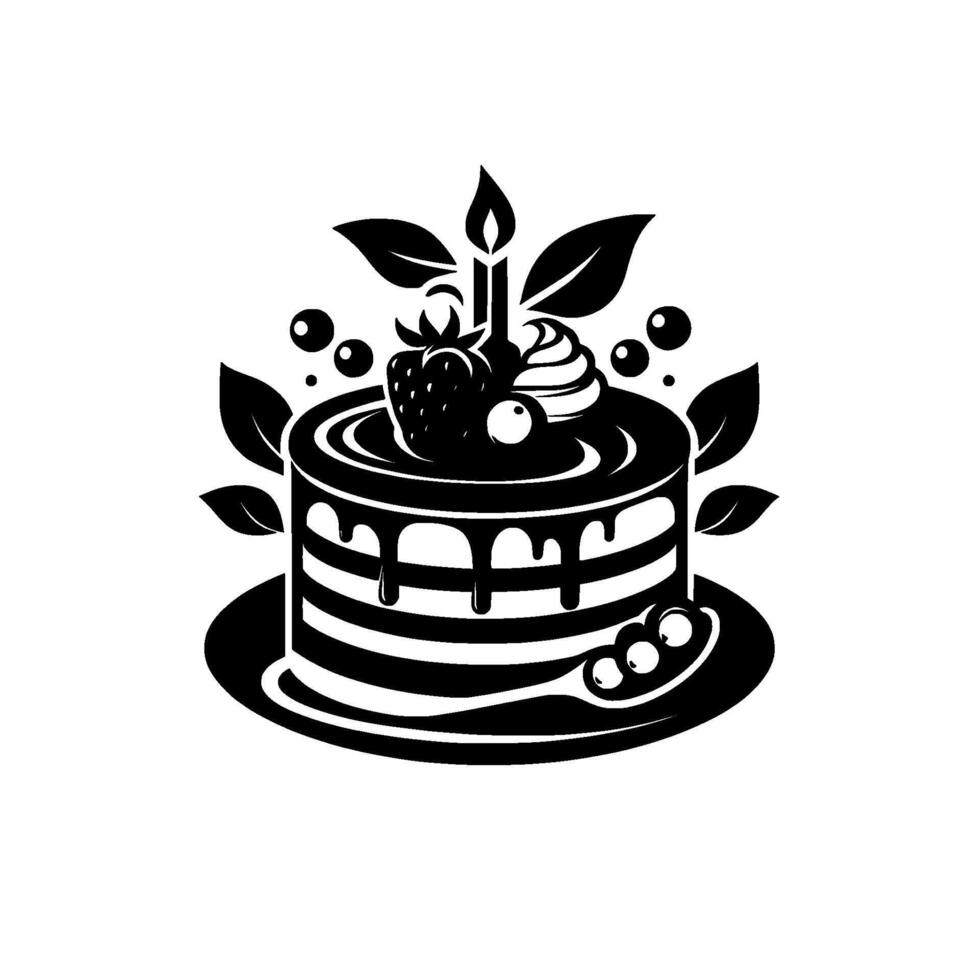 Elegant Monochrome Illustration A Layered Cake Adorned with Strawberry, Whipped Cream, Candle, Berries, and Foliage on a Plate vector