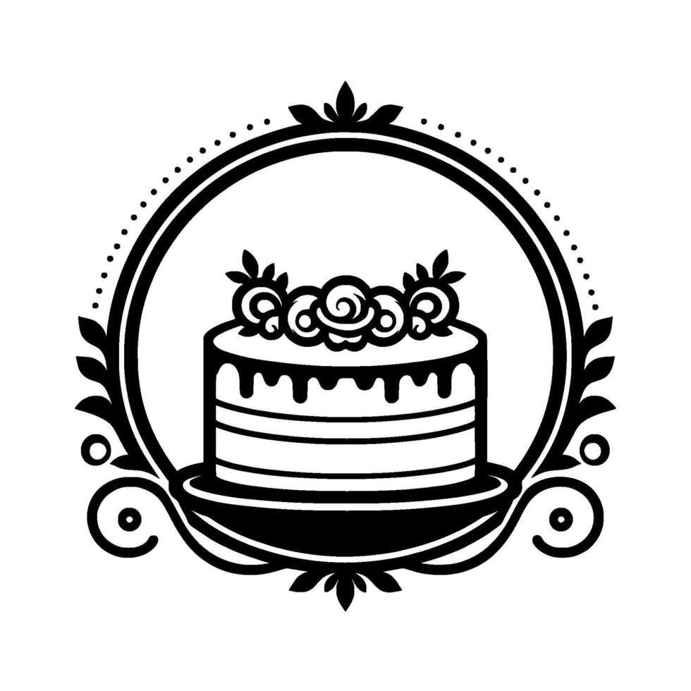 Elegant black and white cake illustration in a decorative round frame with floral accents and a dotted border, perfect for branding. vector