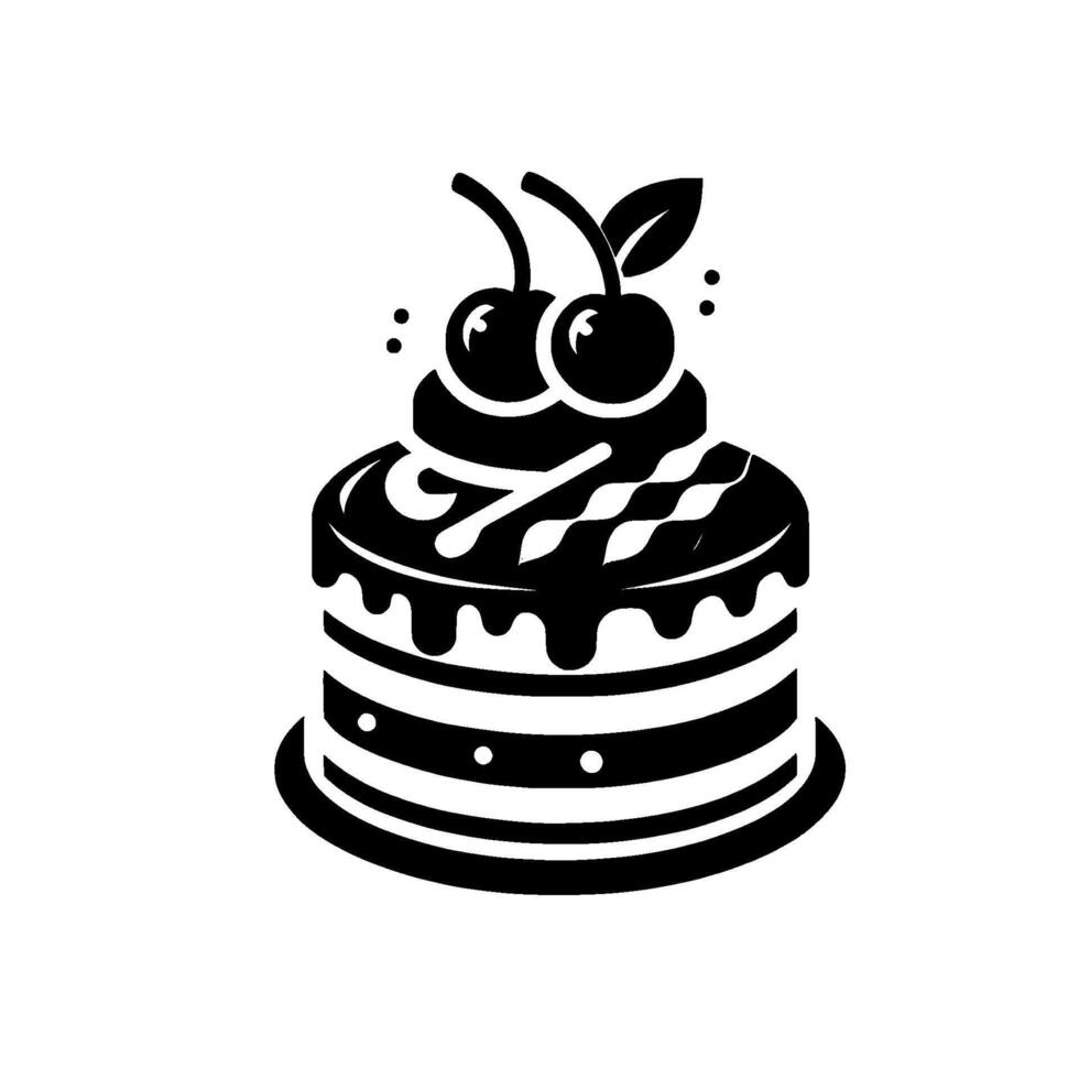 Black and white illustration of a layered cake, topped with cherries and chocolate drizzle, on a round plate, minimalist design. vector