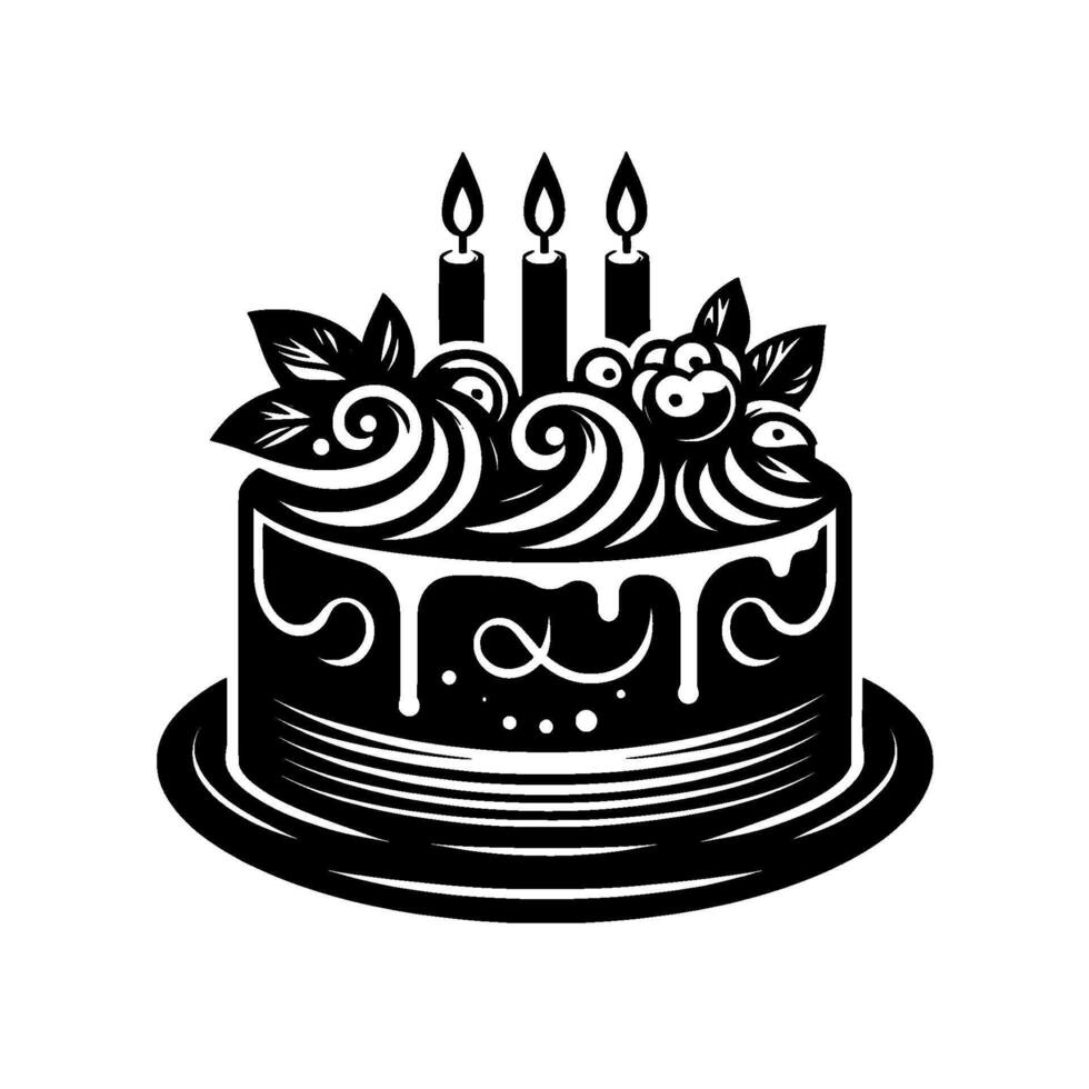 Elegant, stylized black and white illustration of a birthday cake with three lit candles, decorative frosting, and leaf accents. vector